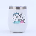 Detailed close-up of 12oz stainless steel egg tumbler with cartoon couple printing - Style 8 / 12oz
