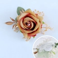 Vintage orange rose wrist corsage with gold leaves and white lace elastic band - Wrist Corsage / Caramel color