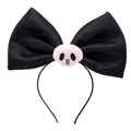 Detail of black satin bow headband featuring a pink plush skull for Halloween party style - 44# Skull Black Bow