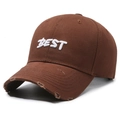 Brown distressed baseball cap with white BEST embroidery and vintage ripped details - Adjustable / Brown
