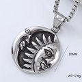 Macro shot of silver sun and moon medallion necklace showing texture and 30mm diameter - Sun Moon Face Disk (Style 6)