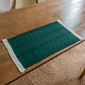 Rectangle dark green hollow crochet table runner with cream border and fringe details - Woven Dark Green