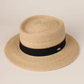 Cappello di paglia boater da uomo con nastro nero e fibbia in metallo dorato - M(56-58cm) / Stile con Parte Superiore Piatta