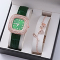 Close-up of luxury women's green square quartz watch and rose flower bracelet in gift box - Green (Watch with Bracelet)