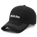 Black baseball cap with white Pickles embroidery and triple stitched decorative brim - Black With White Embroidery