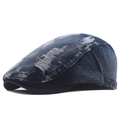 Béret en jean bleu foncé vintage avec franges usées et boucle en métal latérale - Bleu foncé