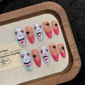 Dark clown theme press-on nails with hand-painted graffiti patterns in long stiletto shape - Hand-painted Joker Mid-Almond Style(3034) / XS