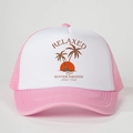 Dettaglio del cappellino trucker rosa e bianco con stampa Relaxed Sunset Paradise e rete - Taglia unica / Rosa e Bianco
