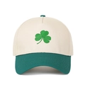 Classic color-block baseball cap with green shamrock embroidery on white cotton fabric - Beige Crown + Dark Green Brim