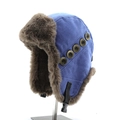 Gorro de aviador azul para invierno con forro de piel sintética marrón y botones - Azul Celeste
