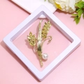 Elegant gold wheat brooch with yellow crystals and a white pearl in a display box - XZ173-Wheat Pearl-Boxed