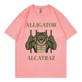 Pink heavy cotton t-shirt featuring Alligator Alcatraz graphic and round neck design - Light Pink