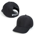 Front and back view of black ponytail baseball cap with adjustable high bun opening - Black