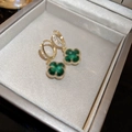 Golden hoop earrings featuring green clover pendants and sparkling white zircon stones - 7# Hoop - Green Zirconia Four Leaf Clover