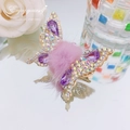 Golden butterfly hair clip with purple gemstones, white rhinestones and pink fur pompom - Mink Fur Ball Butterfly / Purple