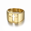 Anillo de sello de acero inoxidable dorado pulido con diseño de cruz calada - US 5 / Dorado