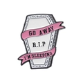 Gothic coffin enamel pin with Go Away and R.I.P text in pink and white finish - Pink Ribbon Coffin - GO AWAY/RIP