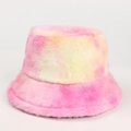 Close-up of pink and yellow tie-dye faux rabbit fur texture on a plush bucket hat - Pink and Yellow Tie-dye (1#)