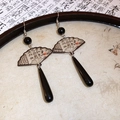Detail of vintage Chinese style fan earrings with ink calligraphy and teardrop resin - Fan Water Drop Resin Ear Hook