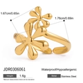 Detailed view of 18k gold plated stainless steel floral ring with size and weight metrics - Double Flower Design (JDR0306061)