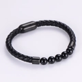 Black braided leather bracelet for men and women with onyx beads and magnetic buckle - Black Magnetic Buckle