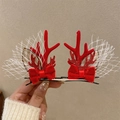 Christmas reindeer antler hair clip with red glitter bow and white mesh details - 68- Christmas Antler Hair Clip #Red Bow Pair