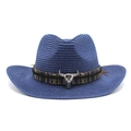 Detail of blue straw cowboy hat featuring ethnic band and silver bull skull ornament - M(56-58cm) / Navy Blue