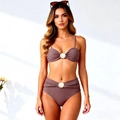 Close-up of mauve bikini set with high-waisted bottoms and white shell decorations - S / Coffee