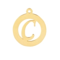 Close-up of golden stainless steel round pendant with hollow letter C design - Letter C