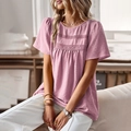 Pink round neck short sleeve blouse with lace patchwork and polka dot texture for women - Pink