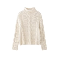Elegante suéter de cuello alto crema con punto de ochos y texturas onduladas - S / Albaricoque