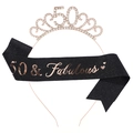 50th Birthday Party Set with Rose Gold Crystal Tiara and Black Glitter Sash - One Size / 50th (Glitter) / Black/Rose Gold