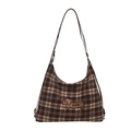 Brown plaid tote bag featuring a cute dachshund embroidery and thin leather shoulder straps - Pink Butterfly Dachshund