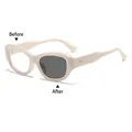 Cat eye photochromic glasses with cream frame showing clear and tinted lens effect - Khaki