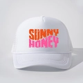 Retro white trucker hat with SUNNY HONEY graphic print and breathable mesh back - All White