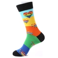 Rainbow striped mid-calf socks with heart patterns and TE AMO text on white background - 1252-Te Amo Rainbow Heart
