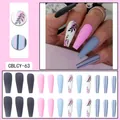 Matte coffin press on nails featuring grey pink blue stripes and floral patterns - CBLCY-63 Multicolor Pattern Mix