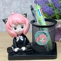 Anime character pink hair figurine with black metal mesh pen holder for desk storage - Pink Hair Kid Pen Holder (7839-63 Anya)