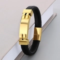 Geflochtenes Herrenarmband aus schwarzem Leder mit poliertem goldenem Edelstahl-Akzent - 19cm / Gold (KB166214-KFC)