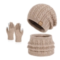 Winter 3-piece knit set in khaki with warm fleece lining and touch screen gloves - 3-Piece Set (Hat+Scarf+Gloves) / Mixed Khaki