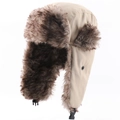Detail of winter trapper hat with warm beige windproof fabric and thick faux fox fur lining - One Size / Beige