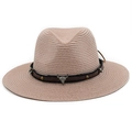 Pink beige straw fedora hat featuring a vintage silver bull head and studded leather band - M (56-58cm) / Dusky Pink