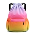 Detail of gradient nylon drawstring backpack featuring vibrant purple to yellow transition - Rainbow Gradient