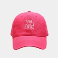Detailed view of embroidery heart and 'be Kind' text on pink cotton baseball cap - M (56-58cm) / Rose Red