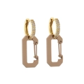 Detail of gold zircon hoop earrings with a matte brown geometric pin pendant charm - Khaki