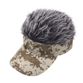 Detail of creative visor cap with camouflage pattern and grey synthetic hair wig on top - Khaki Camo With Grey Hair