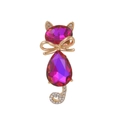 Cute golden cat brooch with pink crystal gemstone and rhinestones for suits - Gold Pink Purple