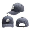Detailed views of washed grey cotton baseball cap with fuzzy white smiley face embroidery - Navy Blue