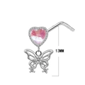 L-förmiger silberner Nasenstecker mit rosa Herzstein und 13mm Schmetterlingsanhänger - Silber Herz Schmetterling Stil (#9)