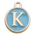 Light blue enamel letter K charm with gold finish for DIY jewelry and bracelets - Letter K / 1 Piece (12x14mm) / Lake Blue